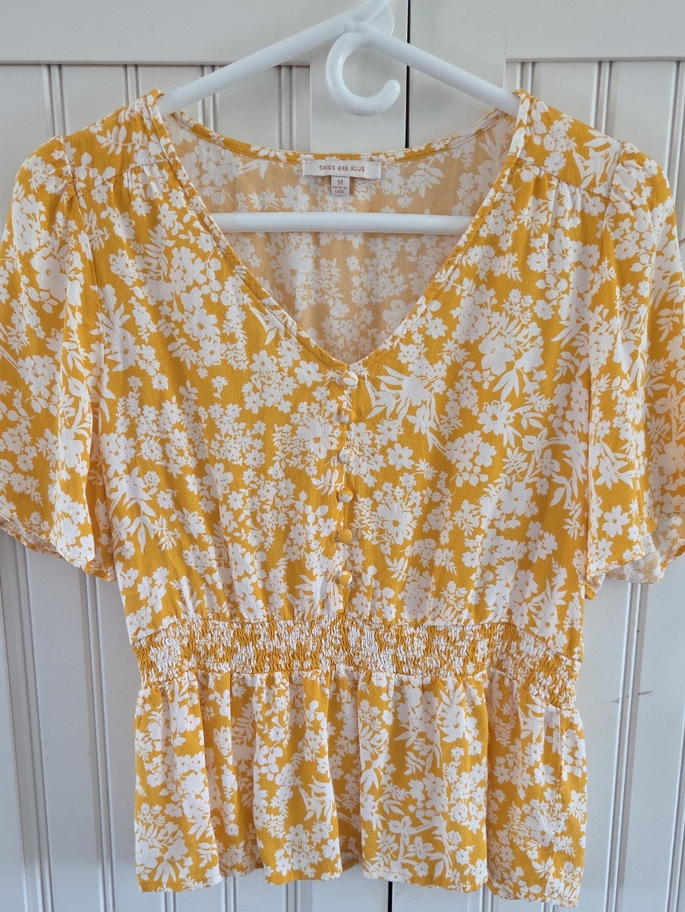 Skies Are Blue Womens Yellow Floral Blouse Viscose Rayon M
